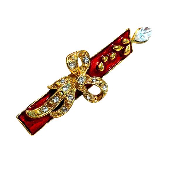 Christmas Brooch festive holiday candle gold & red enamel & clear rhinestones - Picture 1 of 4